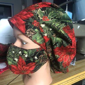 Poinsettia Scrub/Surgical Cap &  mask